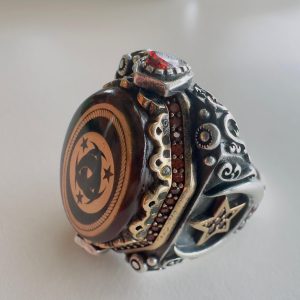 Ay Yıldız İşlemeli Sıkma Kehribar Gümüş Yüzük